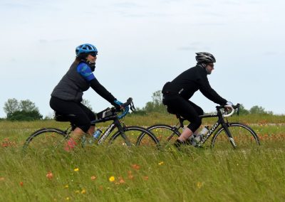 Women cycling through wildflower field on blue and black bikes, enjoying outdoor adventure.