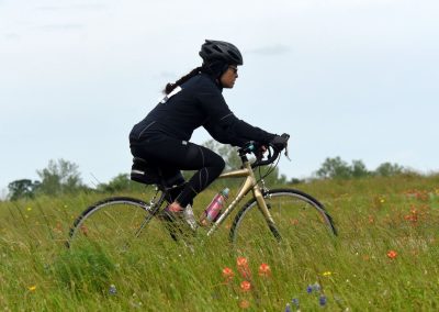 Vibrant cyclist riding on lush wildflower field with Bluebonnet Express bike in Texas.