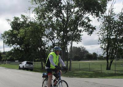 Cyclist riding bike along suburban street with trees and overcast sky.