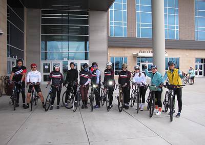 Group of cyclists at the Bluebonnet Express meeting point, ready for a scenic ride in Texas.