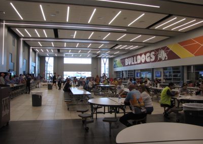Bright indoor dining area at Bluebonnet Express, a popular cafeteria in Texas. Customers enjoy meals in a modern, lively setting.