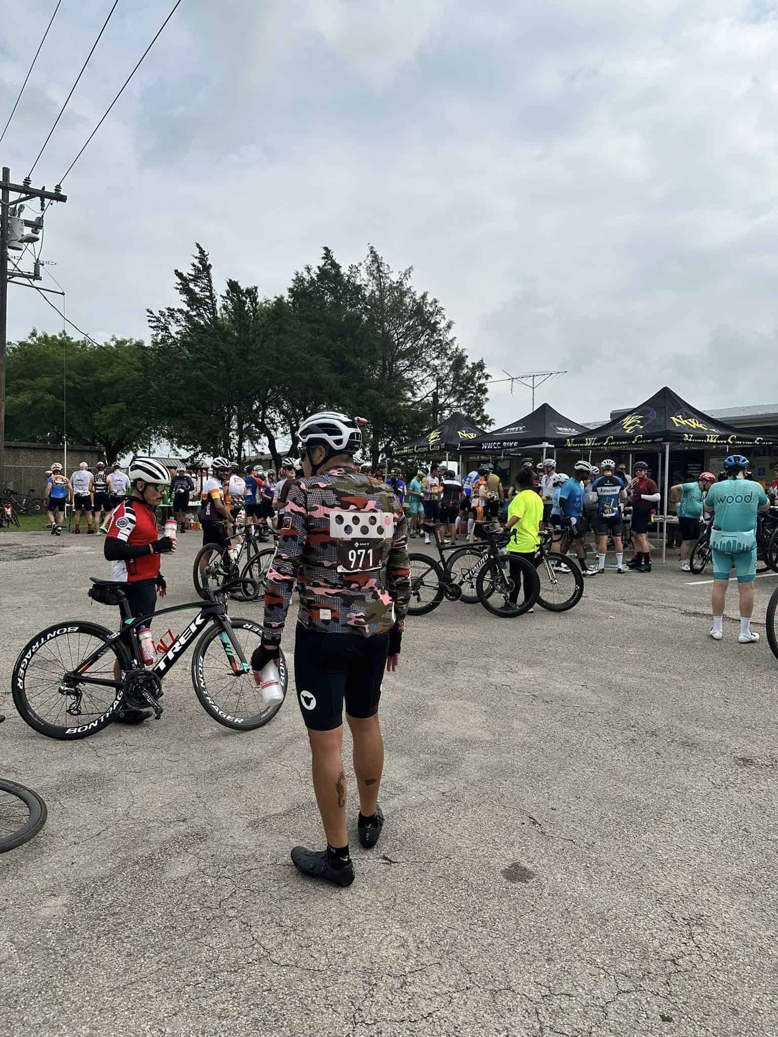 Bicycle event at Bluebonnet Express cycling race, outdoor bike ride gathering, cycling enthusiasts, group bike ride, Texas cycling event.