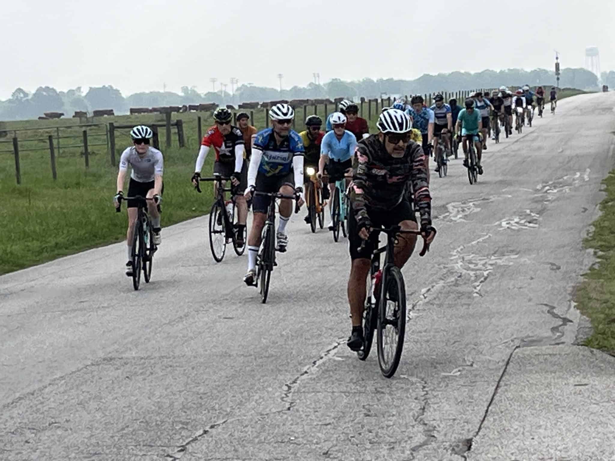 Bike ride through scenic countryside for Bluebonnet Express cycling event.