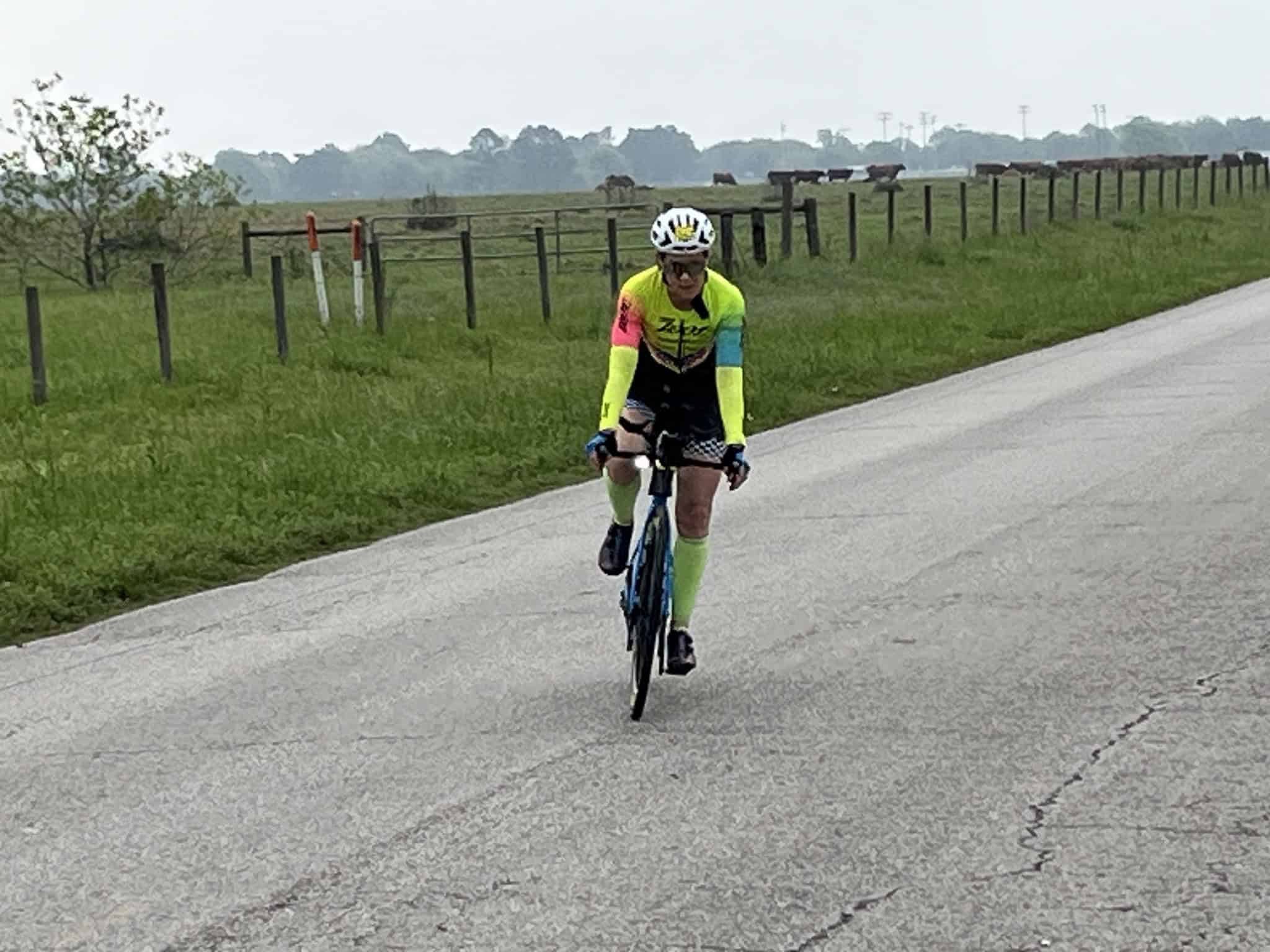 Bright cycling gear on cyclist on rural road near cattle farm, Bluebonnet Express, Texas bike ride.