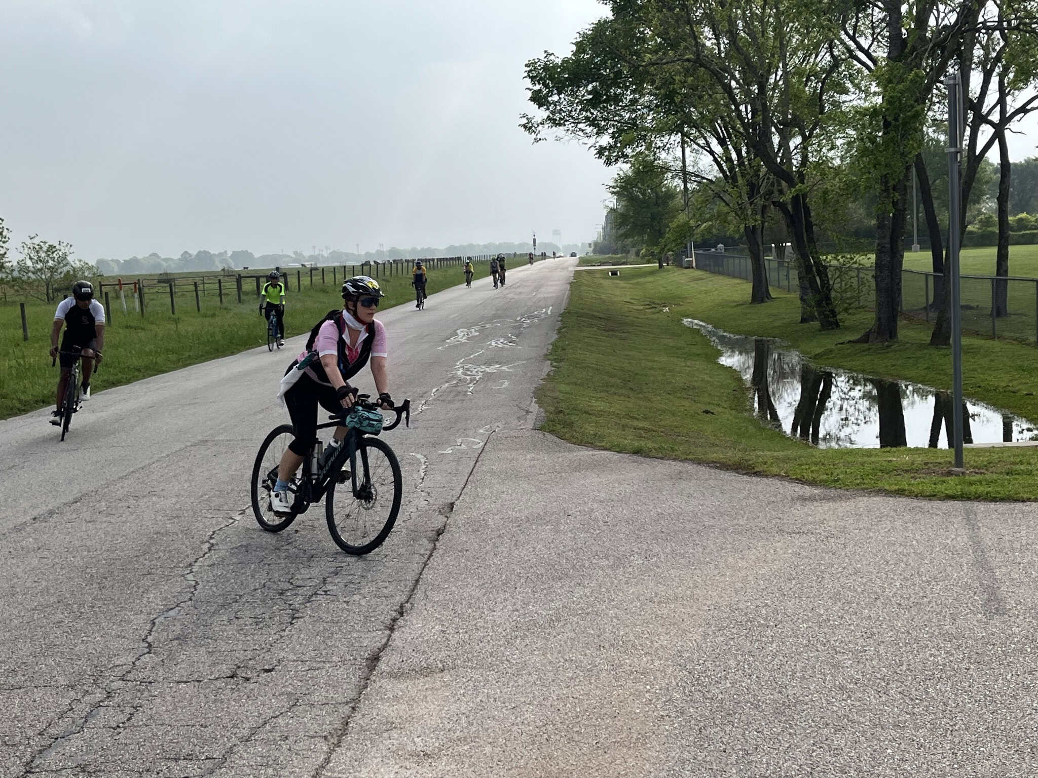 Scenic biking path with cyclists enjoying a leisurely ride through green countryside.