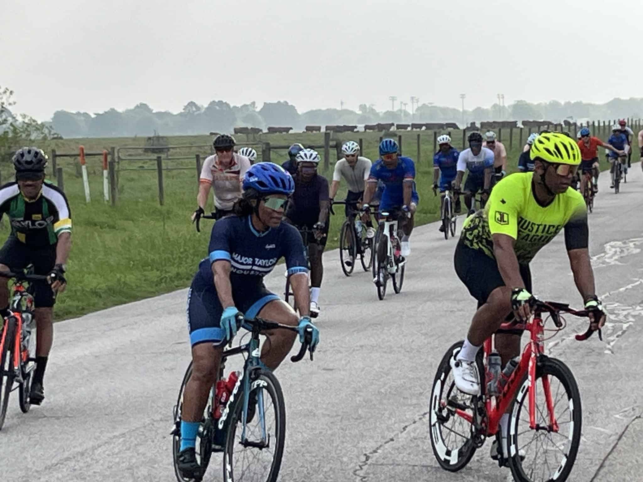 Vibrant group of cyclists participating in Bluebonnet Express bike ride event in Texas.