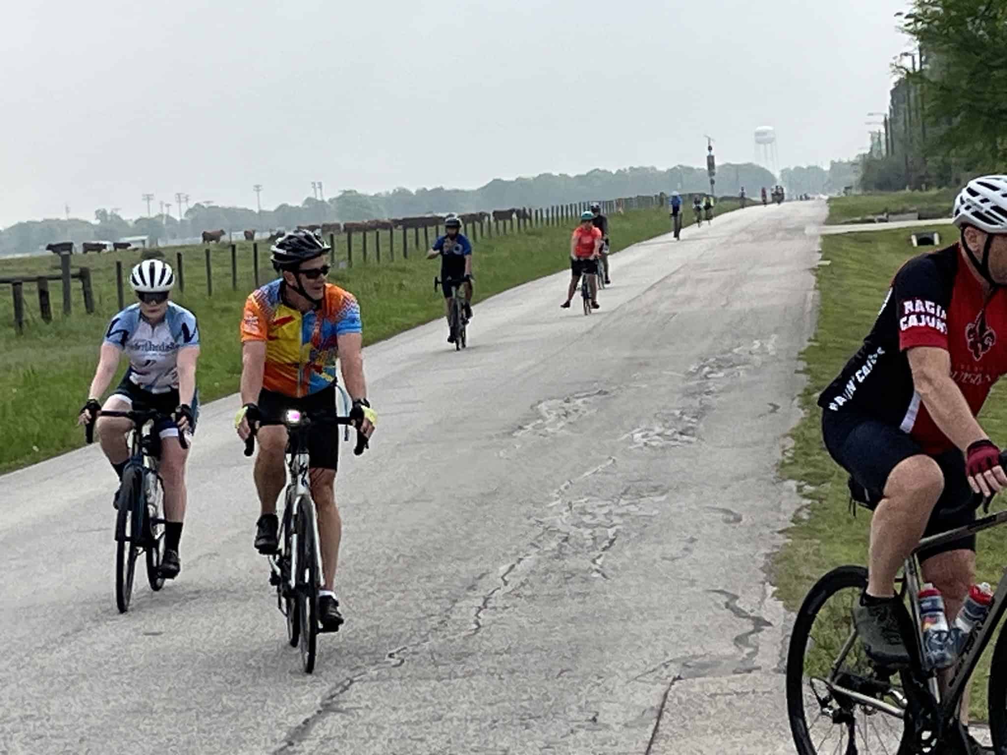 Sunny outdoor bike ride on Bluebonnet Express cycling trail with diverse cyclists enjoying nature and scenic views.