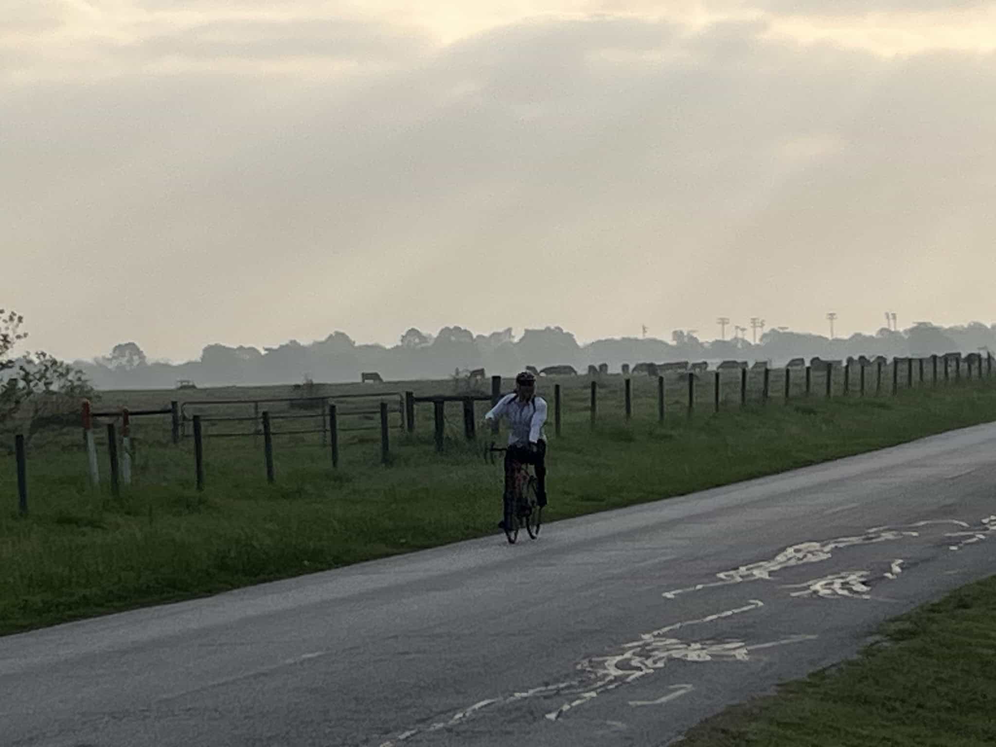 Bicycle rider on scenic rural trail with greenery and fences, during sunset or dawn.