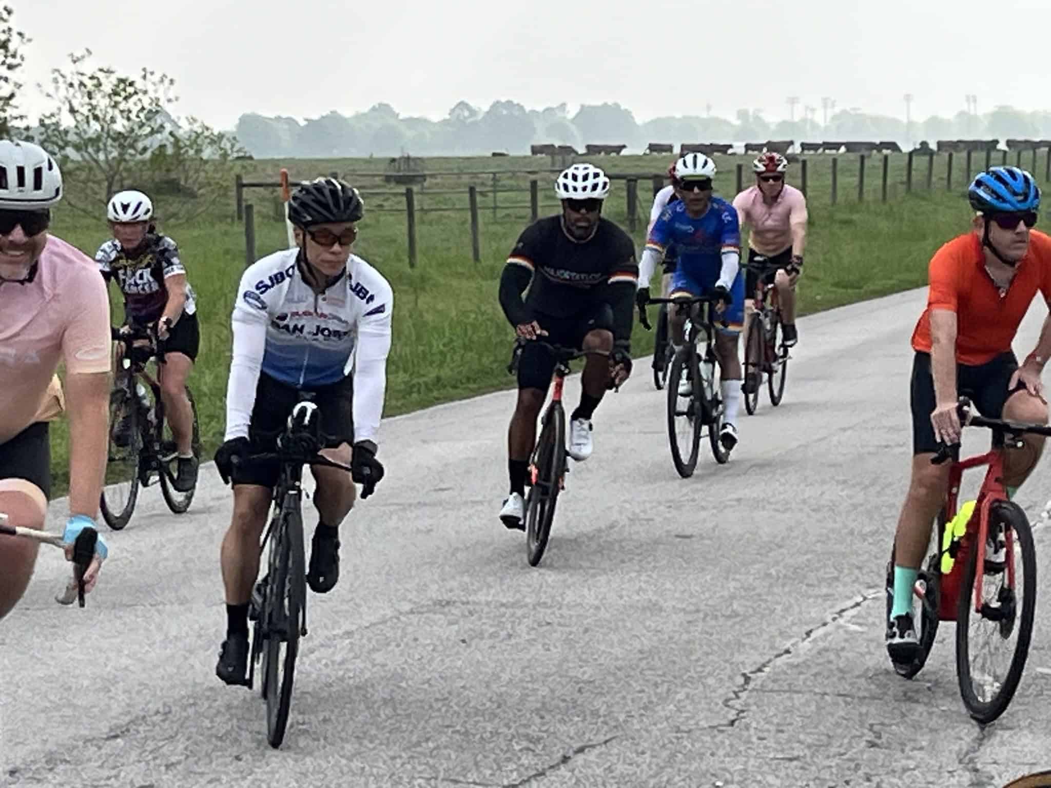 Vibrant group of cyclists riding on a scenic rural road, enjoying a cycling event.