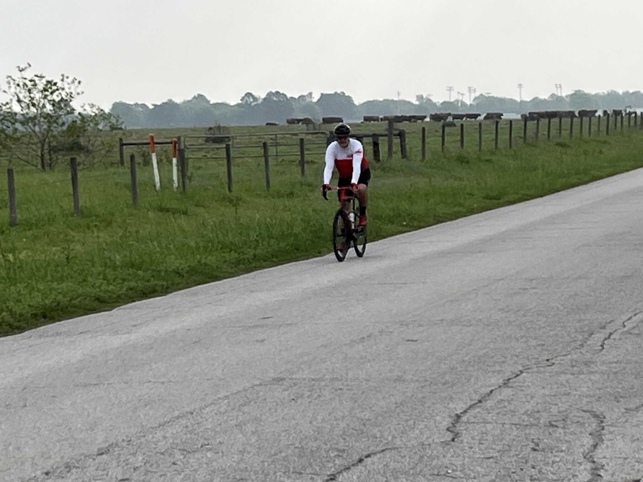 Serene cyclist riding along a rural road with open fields and fences, promoting healthy outdoor activities and cycling adventures.