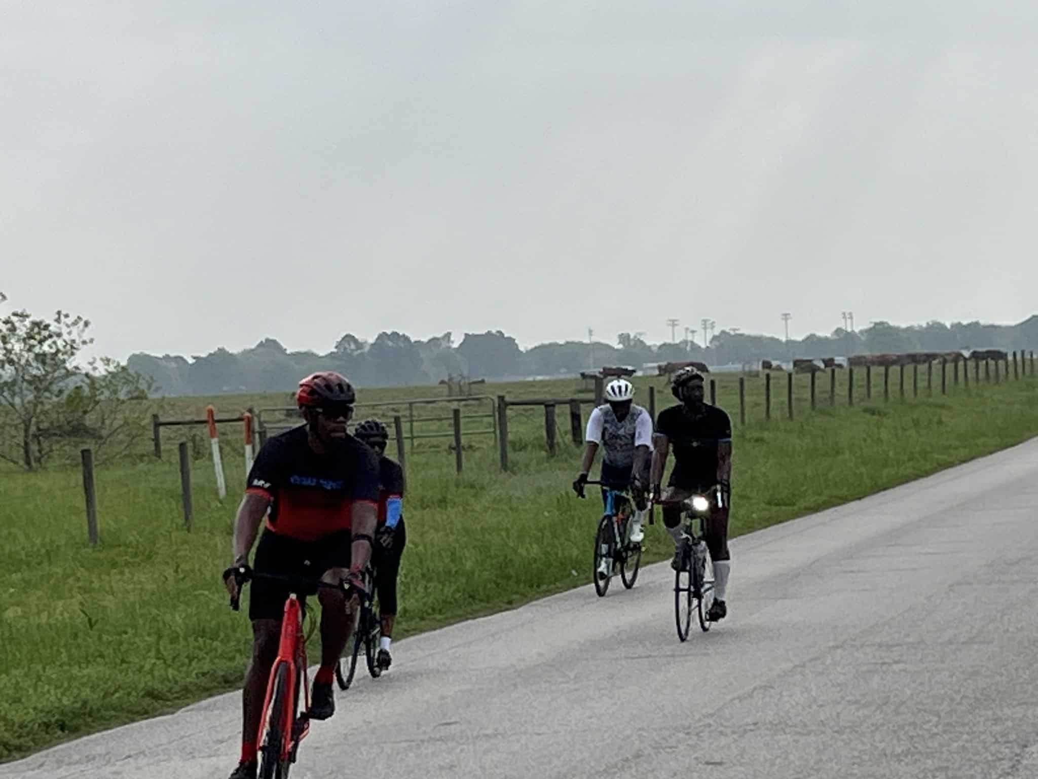 Vibrant cyclists riding on scenic countryside road with lush green fields and bluebonnet express in the background.