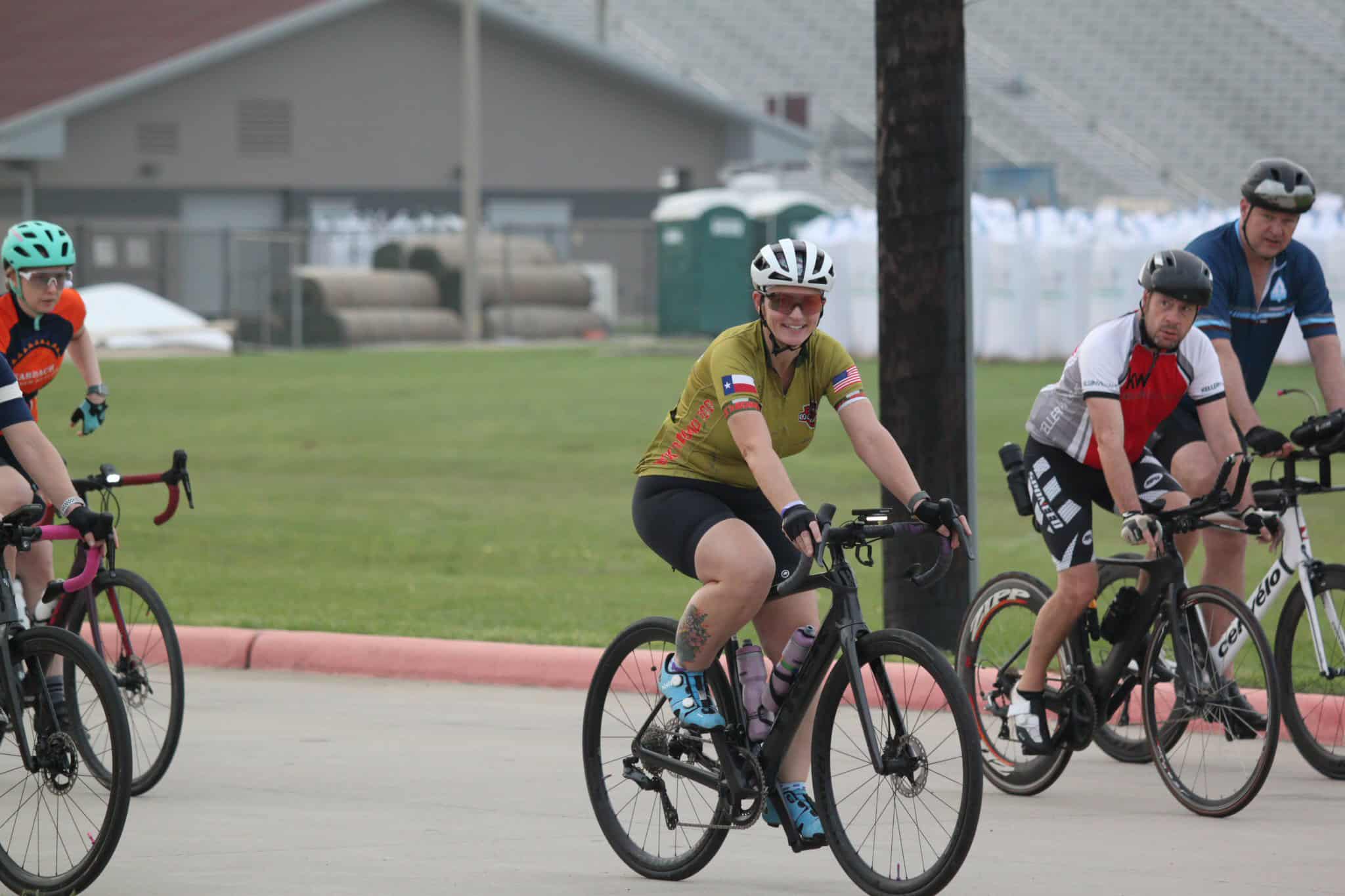 Vibrant group cycling with the Bluebonnet Express bike mountain biking event.