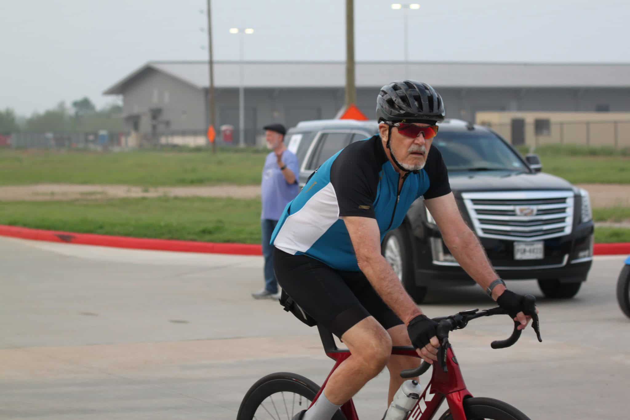 Experienced cyclist riding a bike during Bluebonnet Express event in Texas.