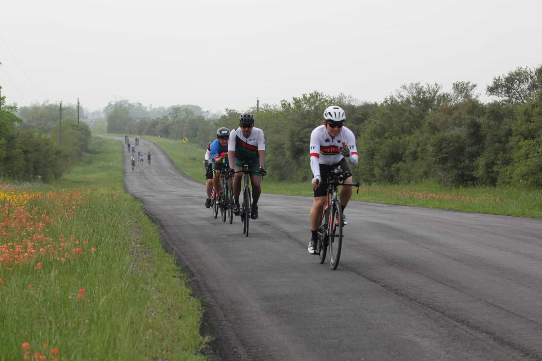 Vibrant cycling group riding on scenic rural road in spring greenery.