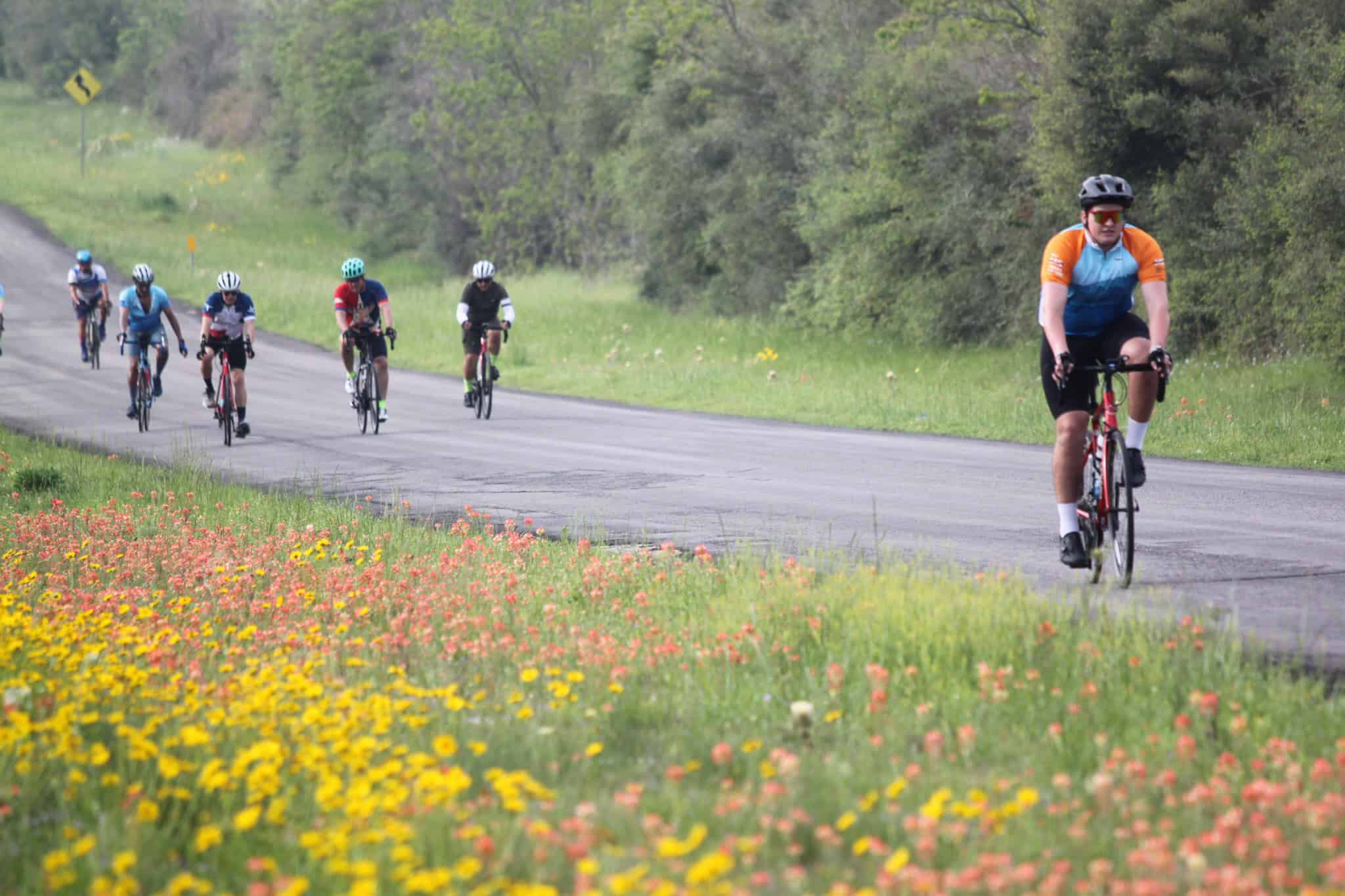 Bike ride along scenic countryside on Bluebonnet Express route in Texas.
