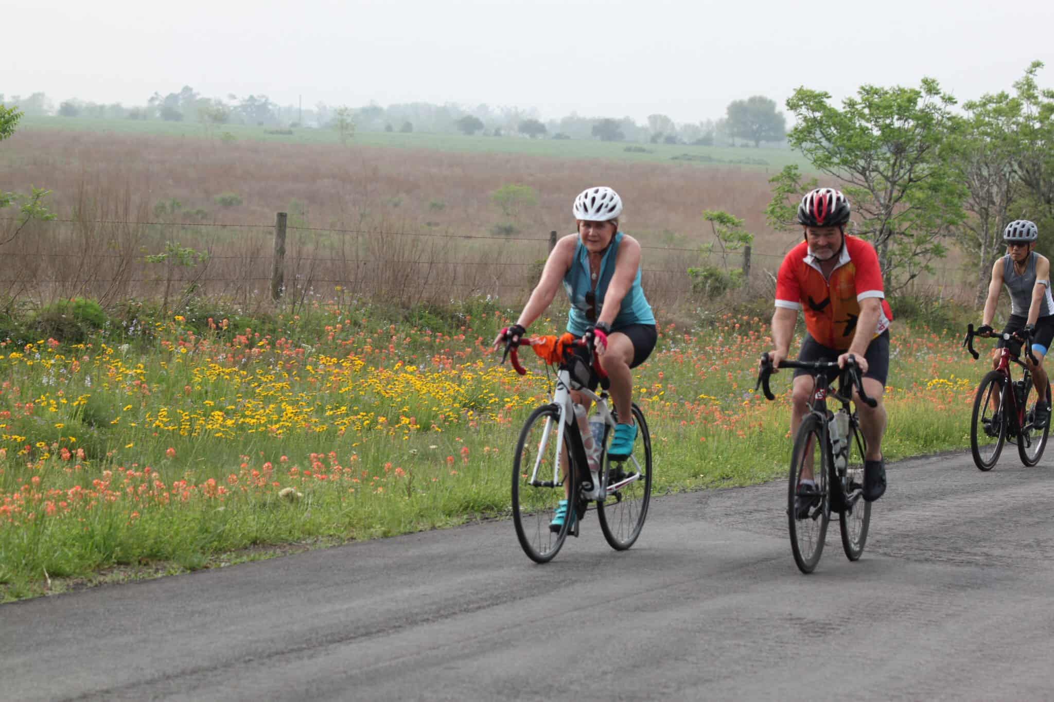 Cyclists riding on scenic rural road during daytime with colorful wildflowers and open landscape.