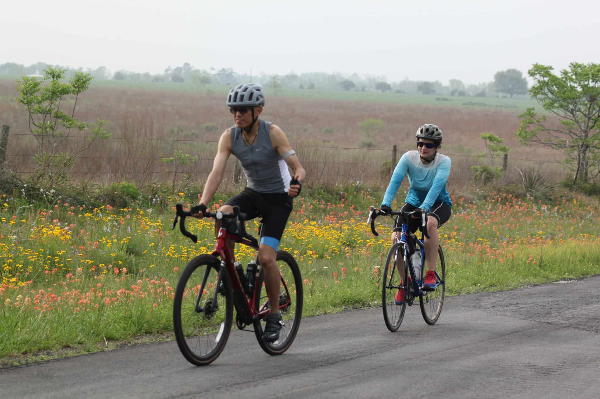 Vibrant cyclists riding through a scenic countryside with wildflowers in bloom.
