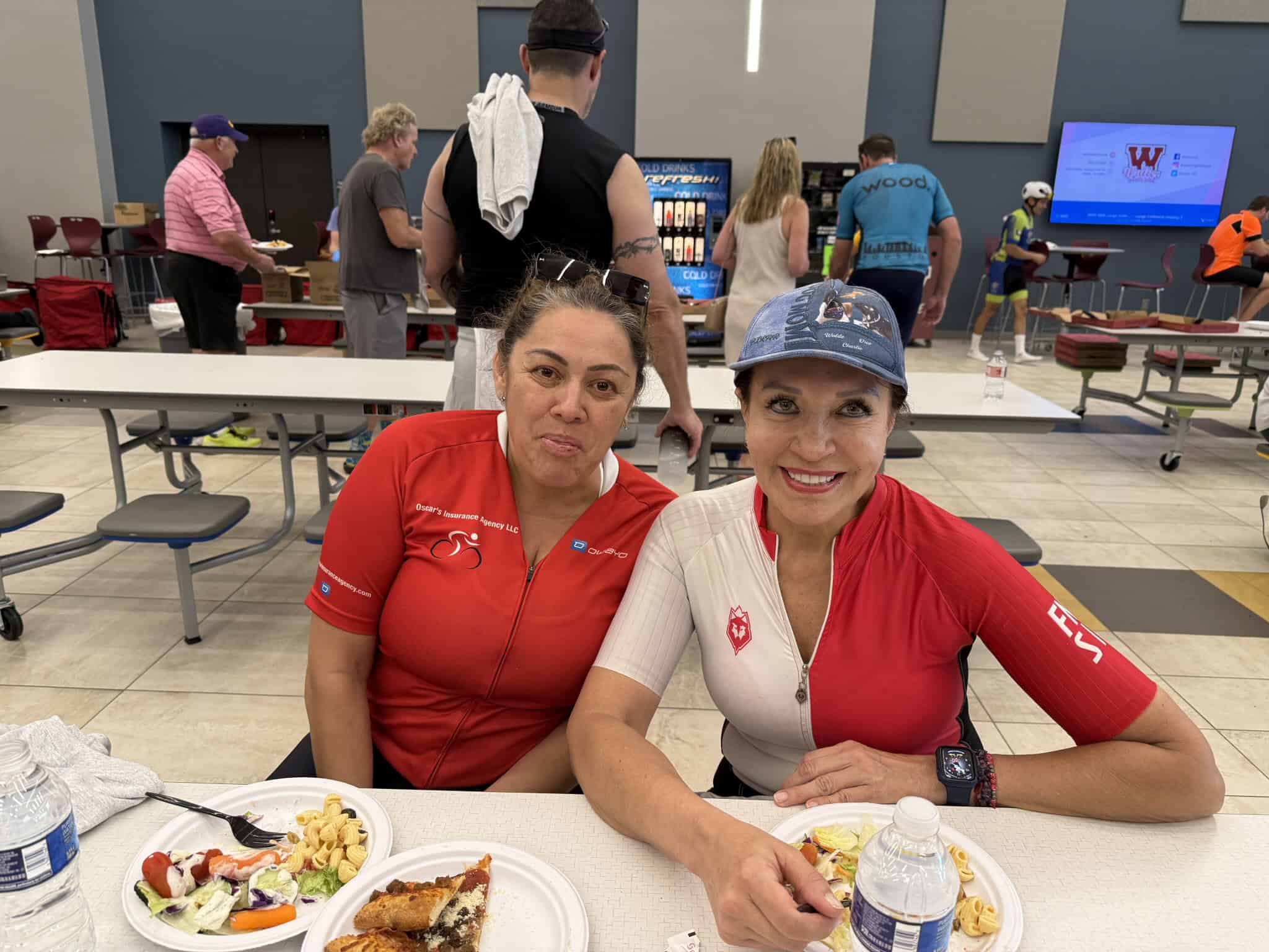 Happy cyclists enjoying meals after riding the Bluebonnet Express bike tour.