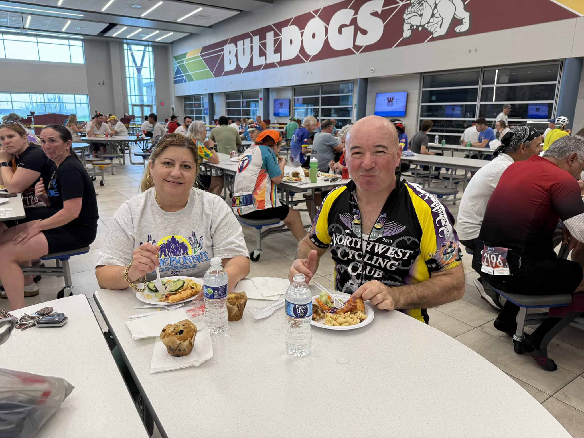 Enjoying a hearty meal at Bluebonnet Express after a cycling event with friends and fellow cyclists.