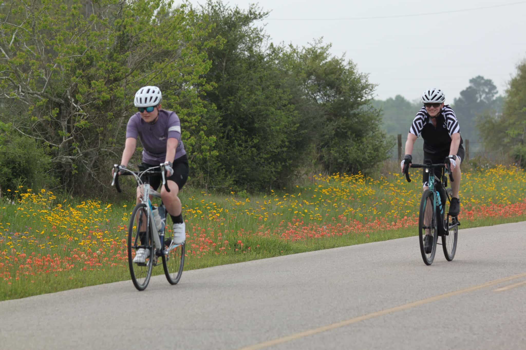 Bicycle ride on scenic Texas road with colorful wildflowers and lush greenery.