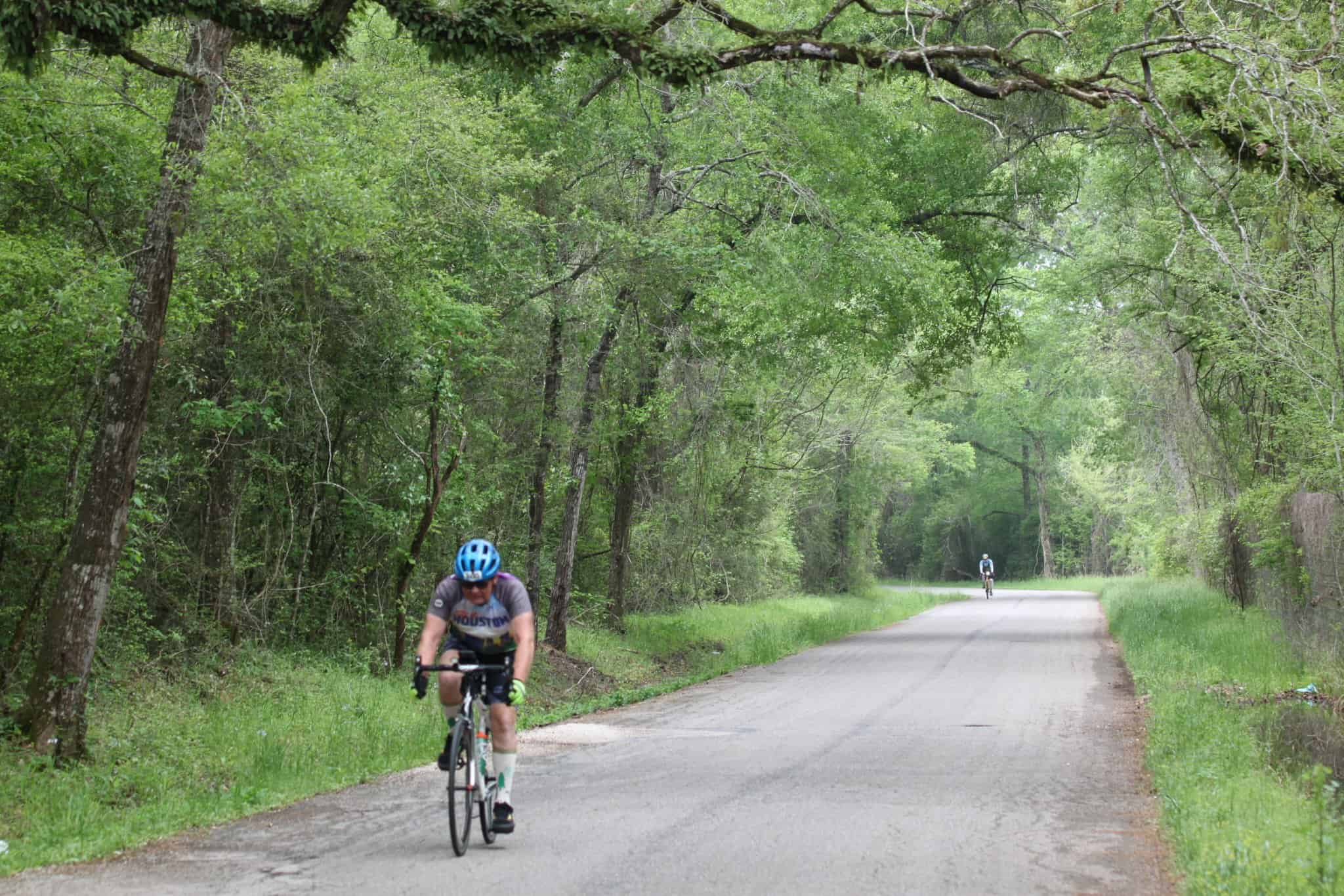 Bluebonnet Express cycling on scenic rural forest trail, eco-friendly bike ride adventure.