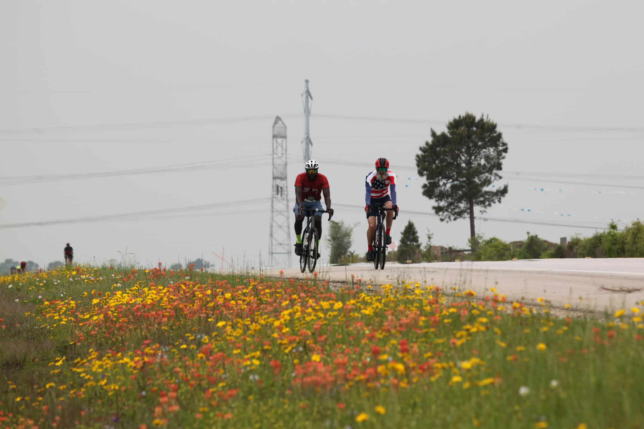 Vibrant cyclists riding through colorful wildflowers along a scenic bike trail.