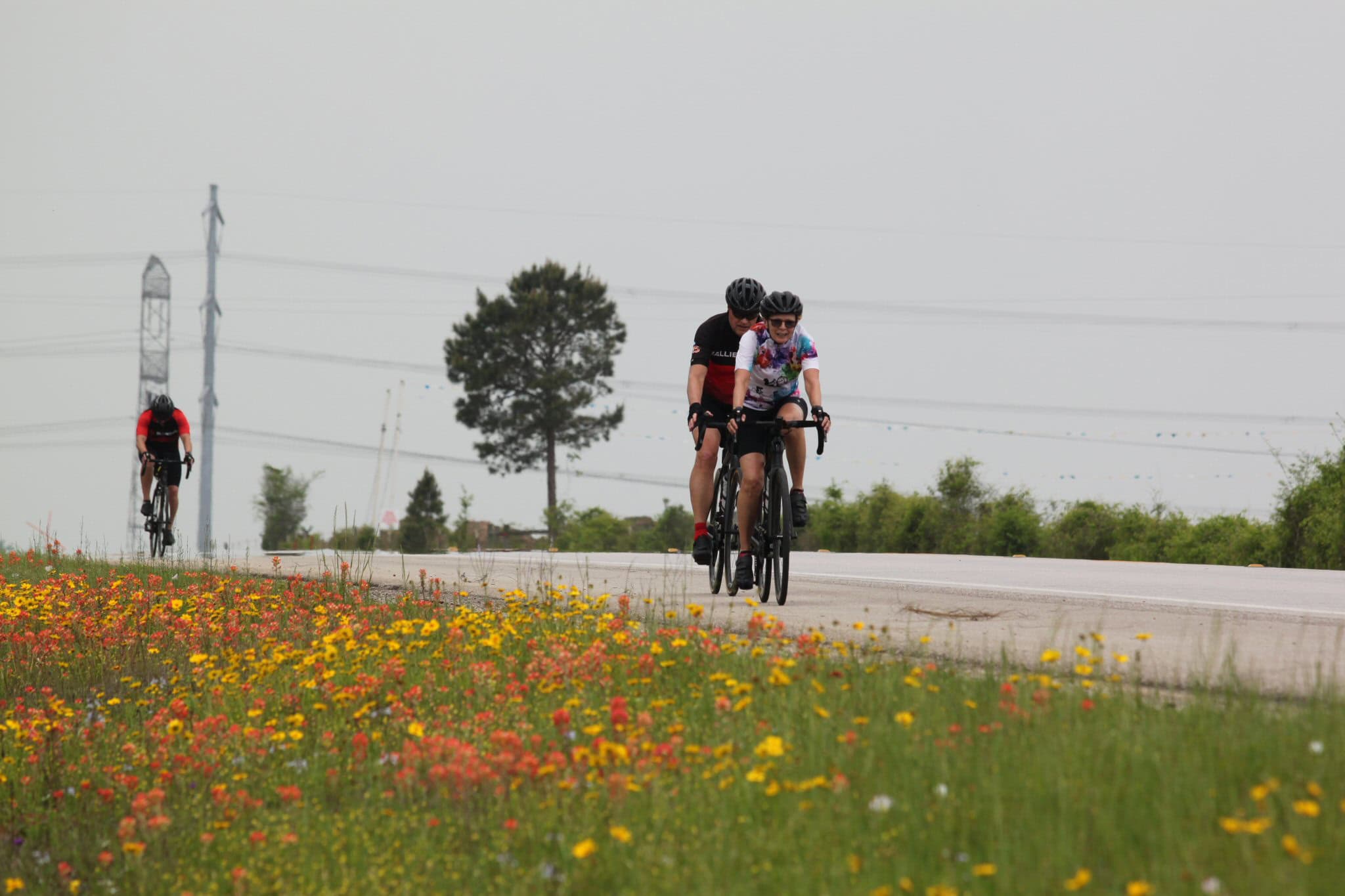 Bright cyclists riding on rural road with wildflowers, promoting Bluebonnet Express biking adventure and Texas cycling tours.