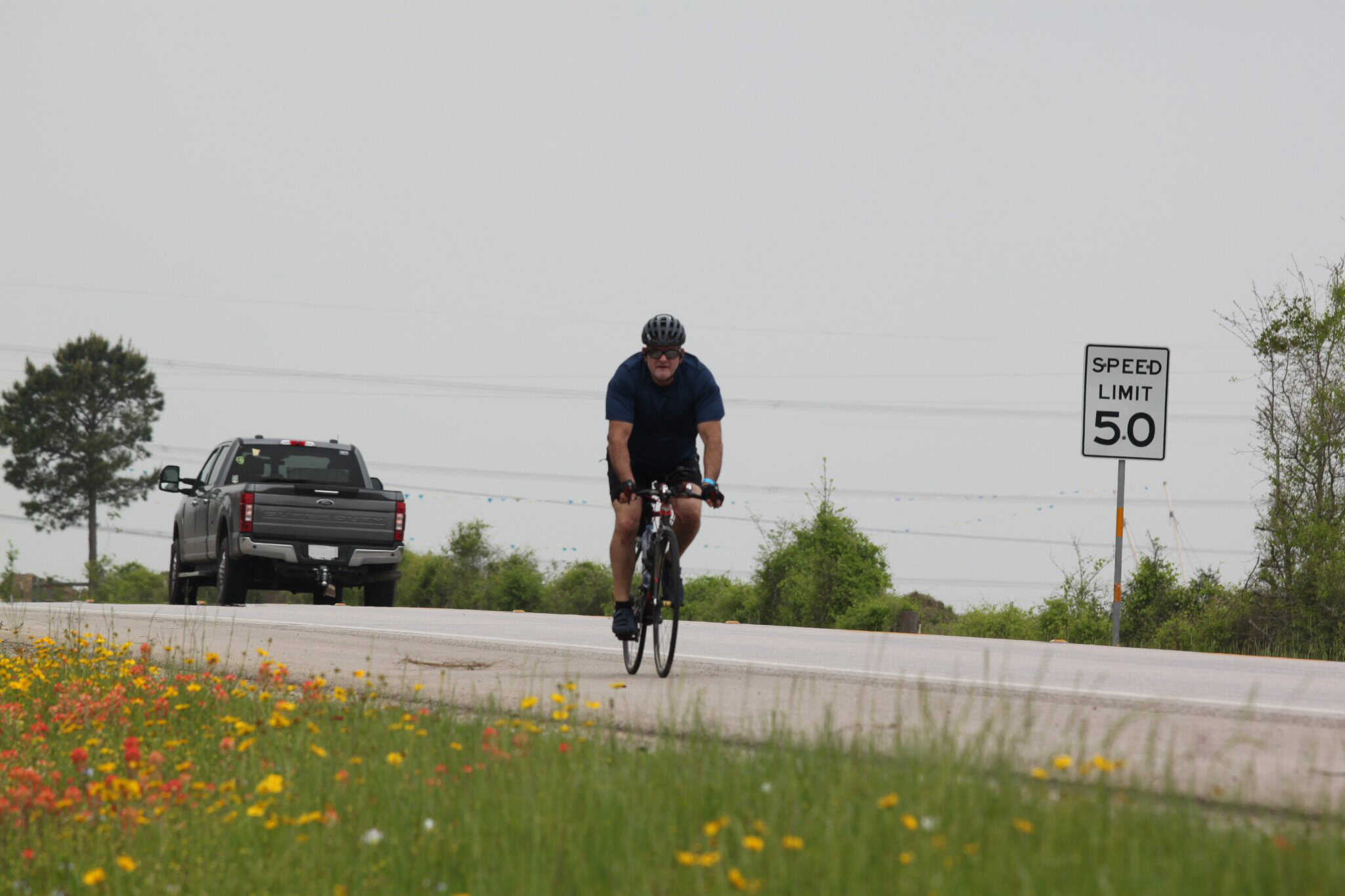 Cyclist riding on scenic road with wildflowers, truck, and speed limit sign in the background.