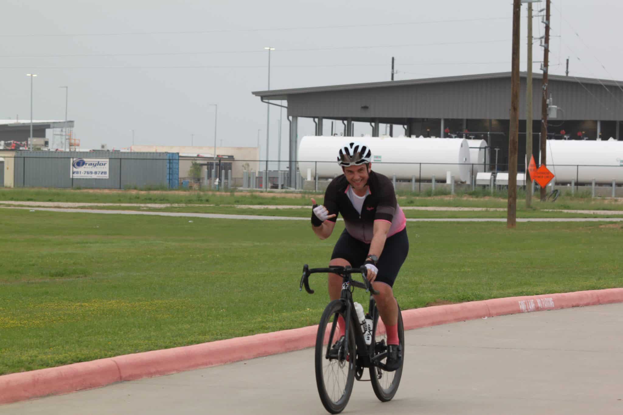 Vibrant cyclist enjoying Bluebonnet Express bike route in Texas.
