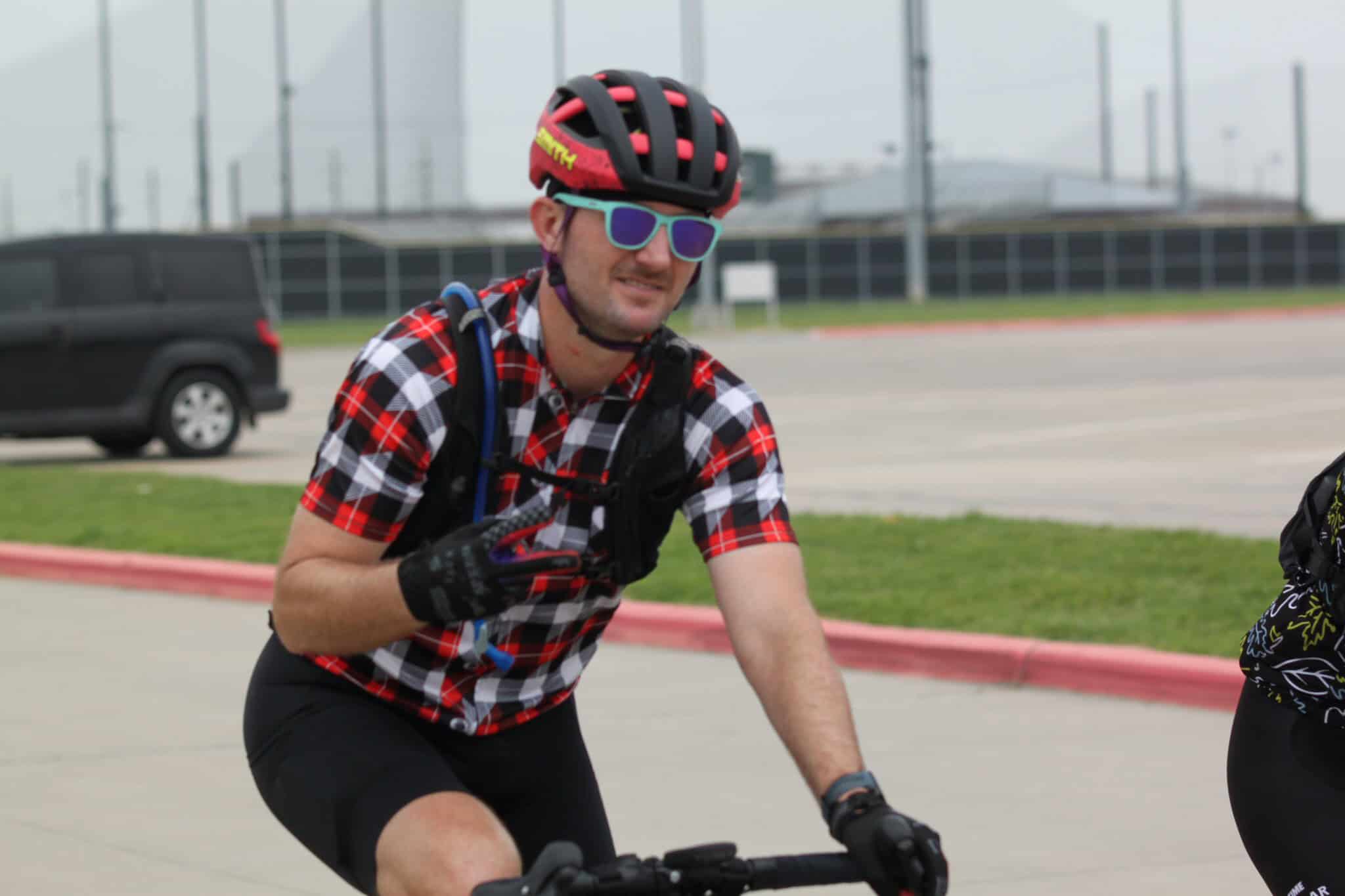 Vibrant cyclist enjoying a ride on the Bluebonnet Express bike trail in Texas.