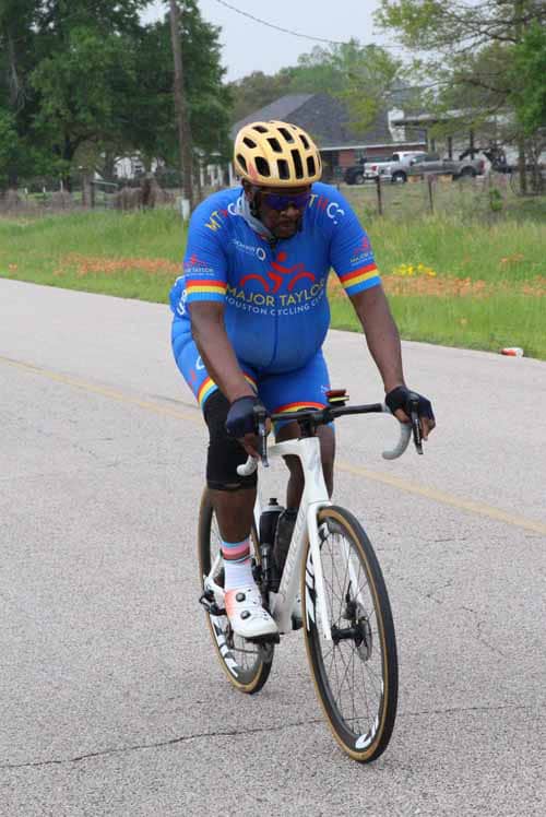 Bike rider on the Bluebonnet Express ride in Houston, Texas, showcasing outdoor adventure and scenic cycling routes for bike enthusiasts.