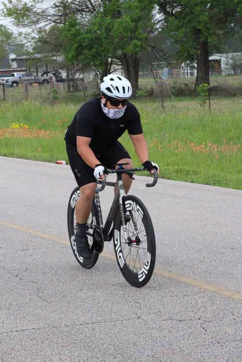 High-performance cycling bike with aerodynamic wheels for Bluebonnet Express race.