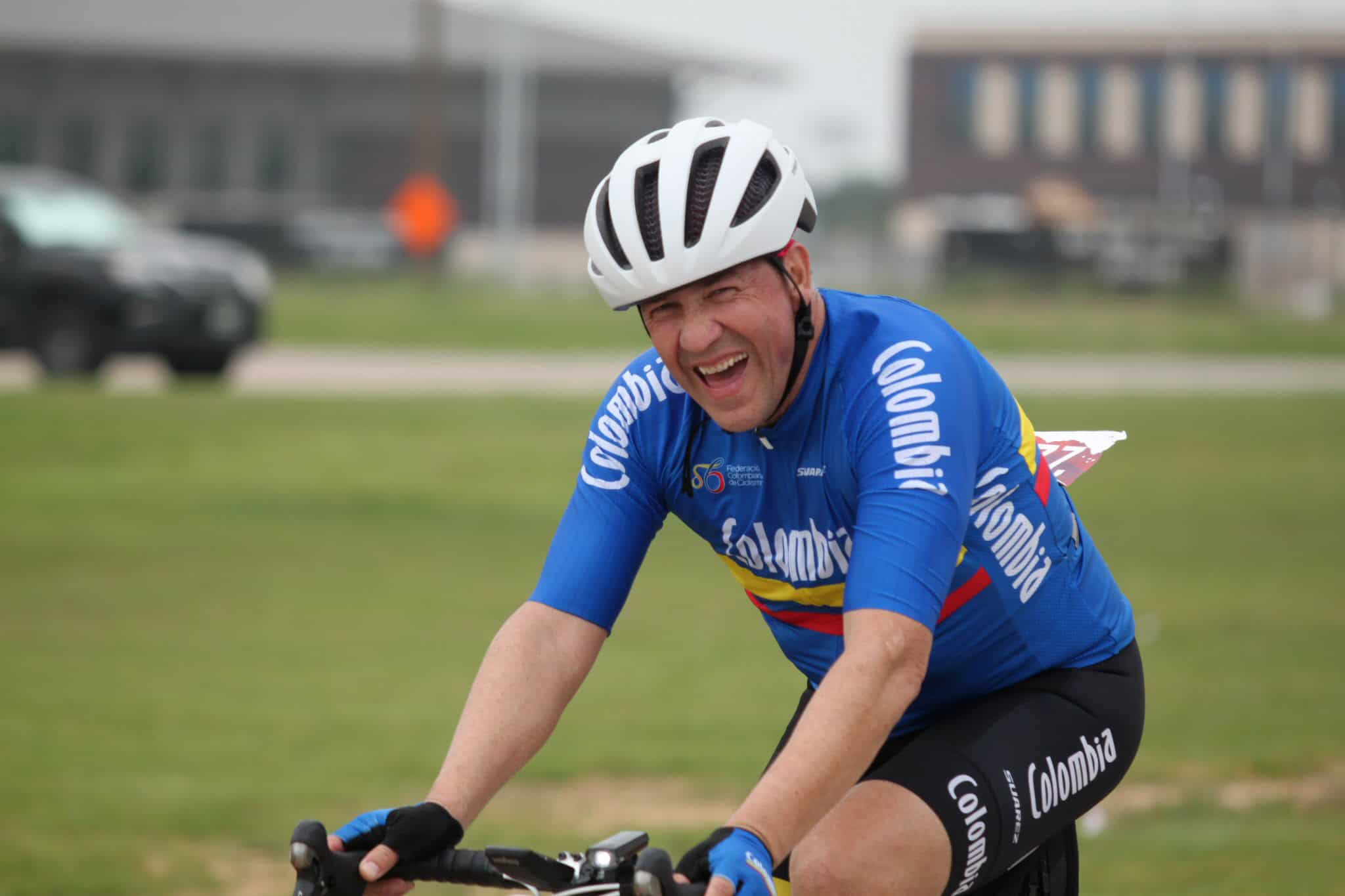 Vibrant cyclist participating in Bluebonnet Express cycling event celebrating Columbia.