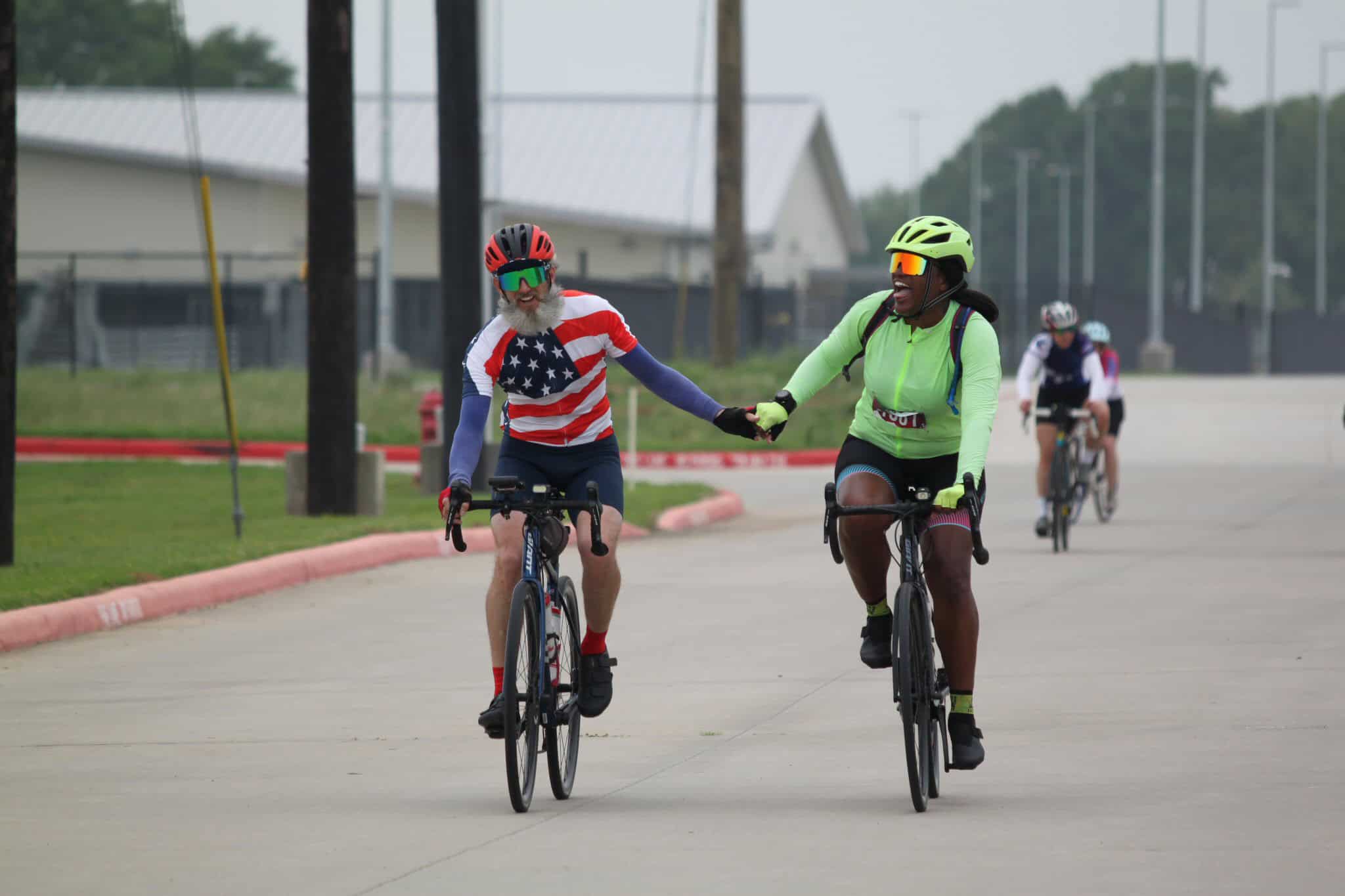 Enjoying group bike ride on a popular cycling route with the Bluebonnet Express in Texas.