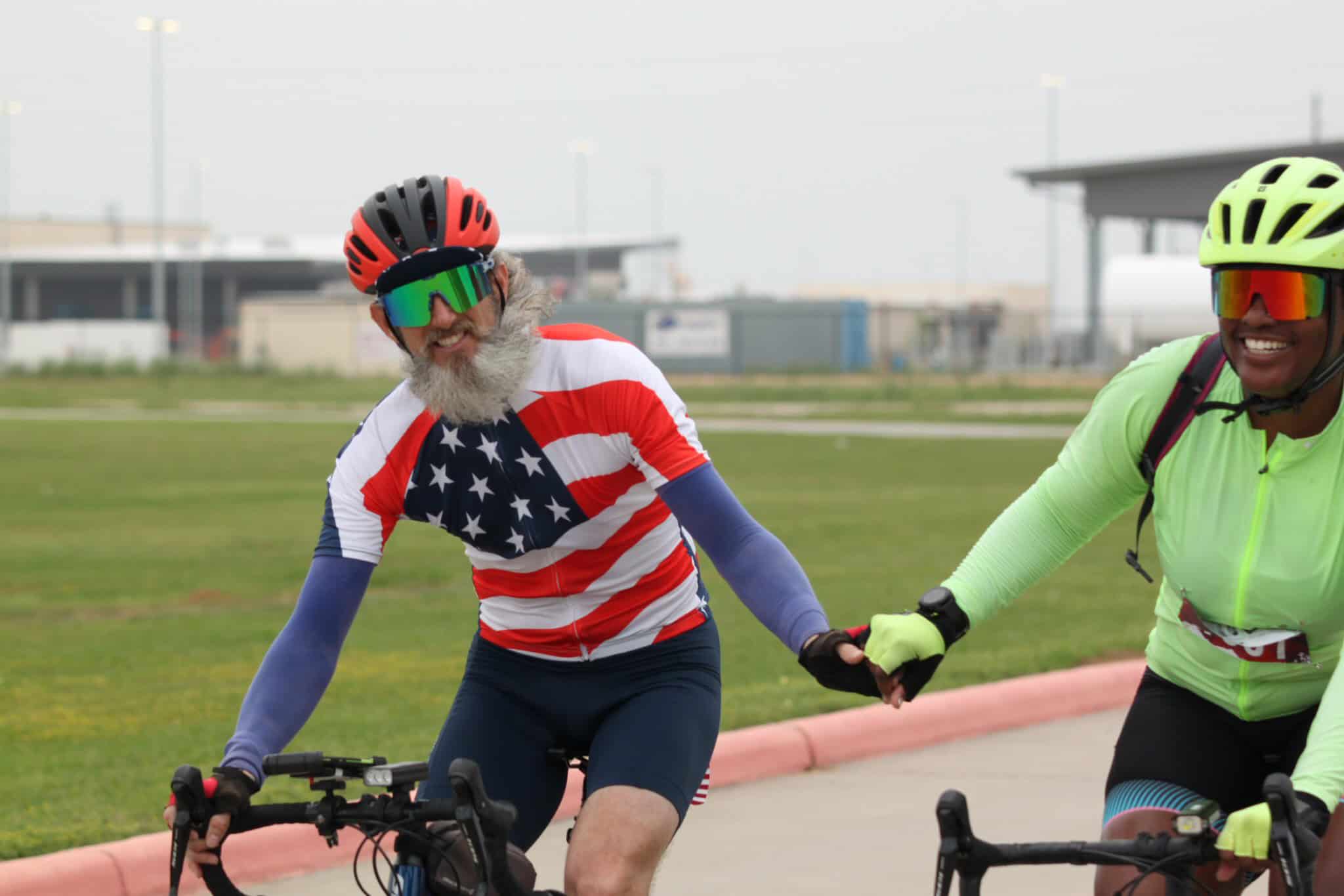 Vibrant cyclists enjoying a ride at Bluebonnet Express bike event, showcasing outdoor biking and active lifestyle.