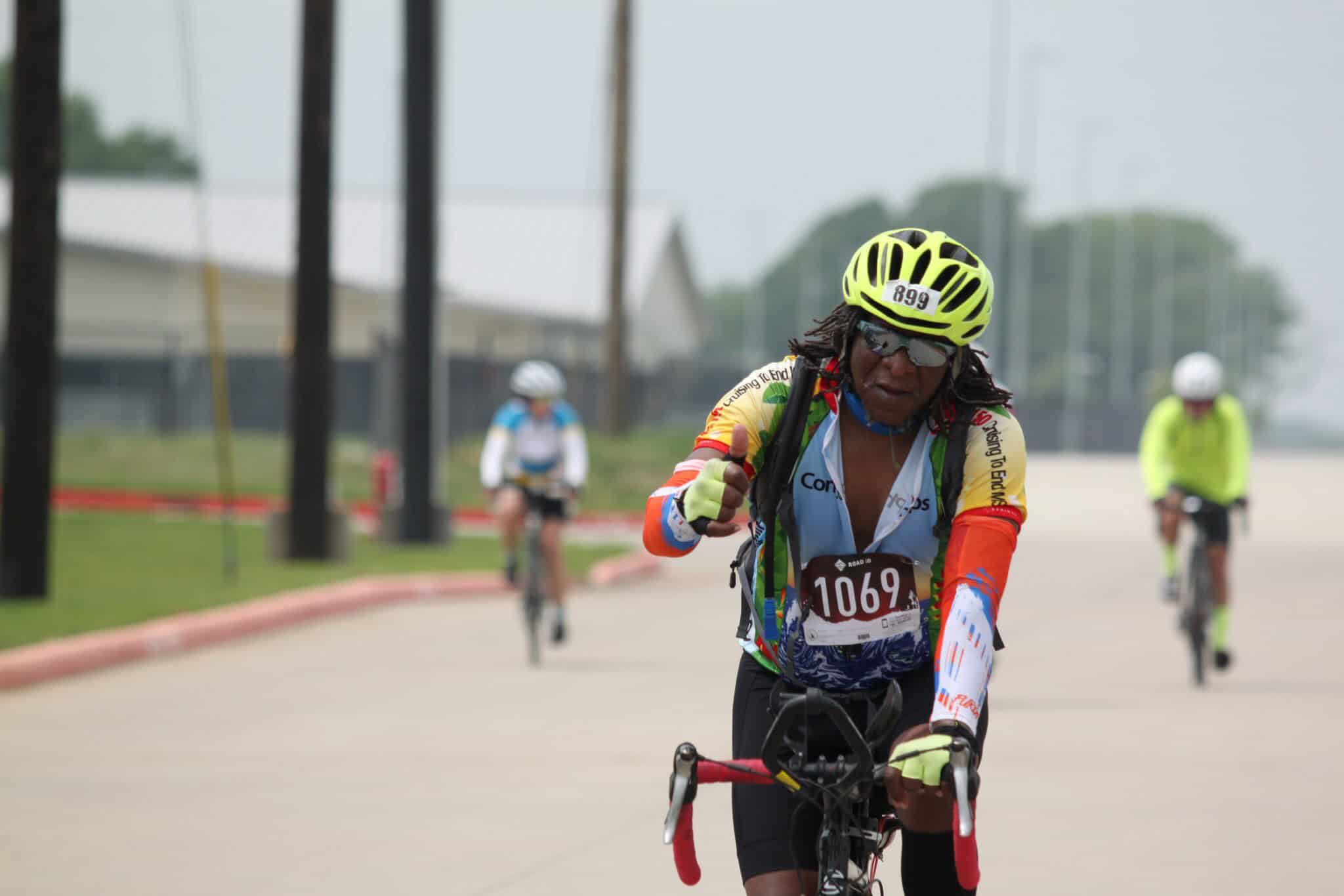 Vibrant cyclist participating in Bluebonnet Express biking event in Texas.