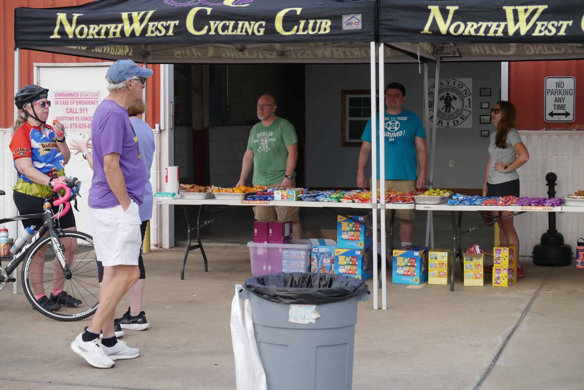 Cycling event snack station at NorthWest Cycling Club with snacks and refreshments for cyclists and supporters.