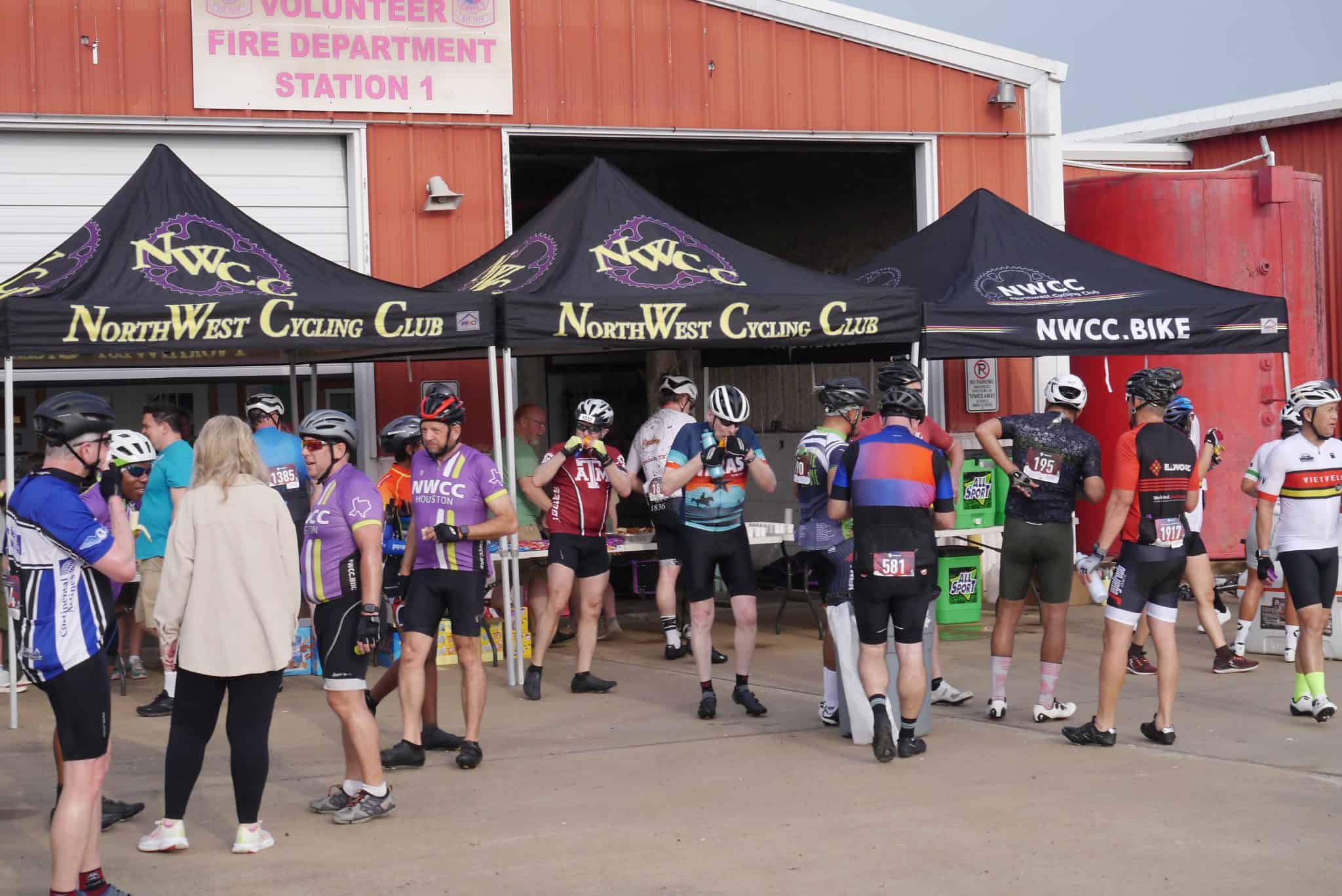 Cycling event registration at NWCC Bicycle Club, outdoor scene with cyclists in gear.