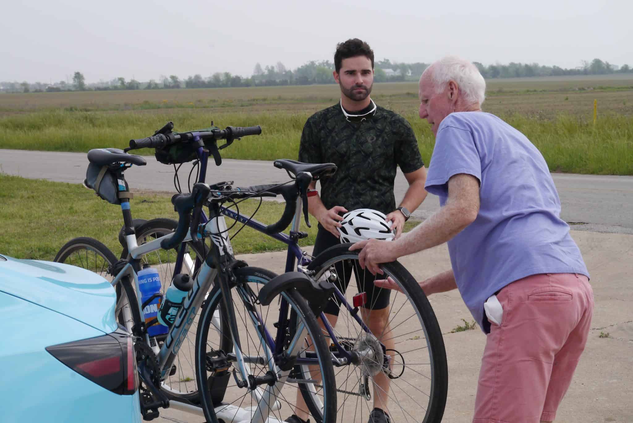 Comfortable bike ride with Bluebonnet Express, scenic outdoor cycling adventure, bike repair, senior cyclist, outdoor activity.