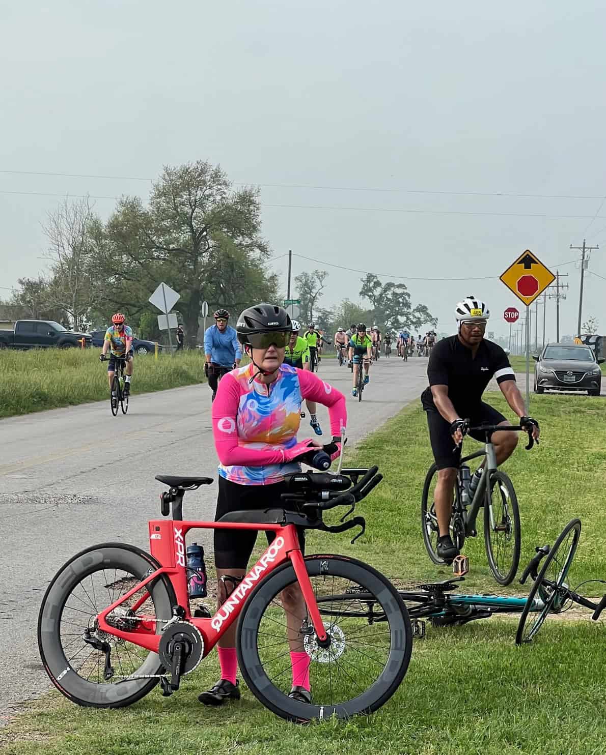 Aerial view of Bluebonnet Express cycling event with riders on a scenic route.